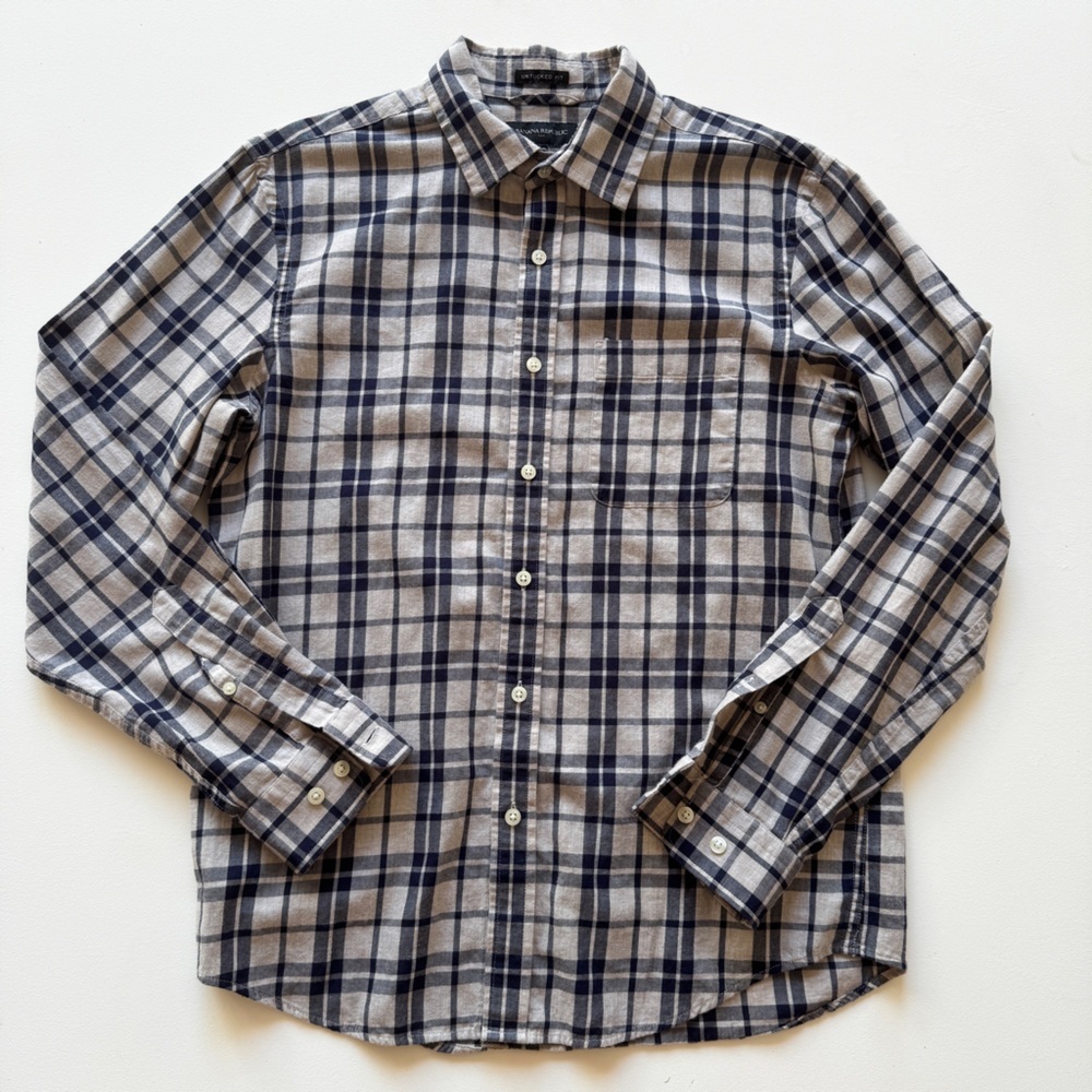 Banana Republic - Men's Plaid Button Down Shirt in Blue and Cream